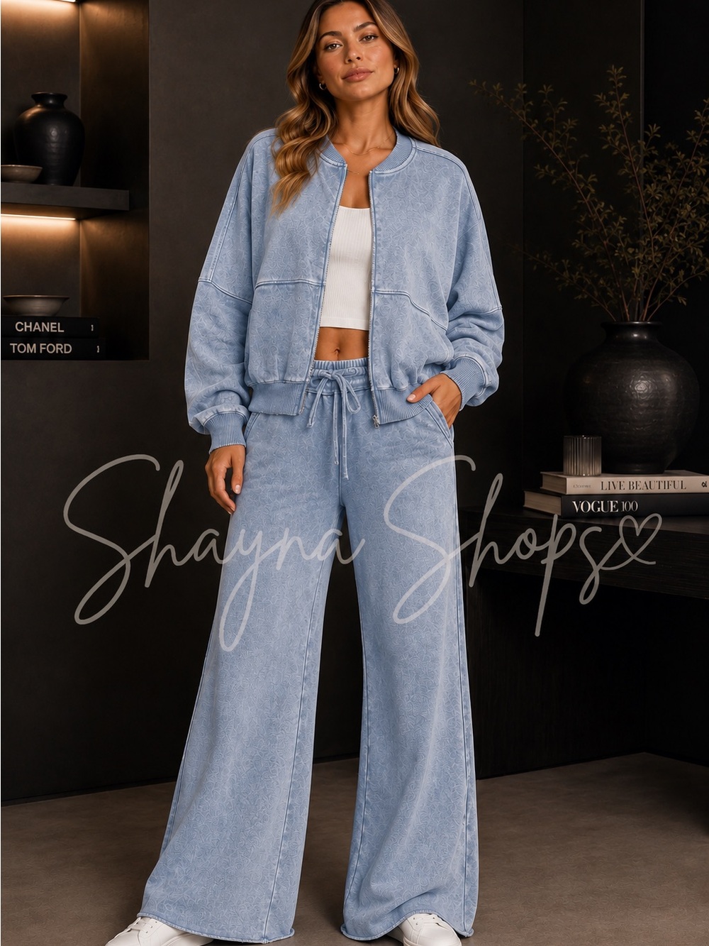 Zenana Dusty Blue Mineral Wash Fleece Set Bomber Jacket and Wide Leg Pants